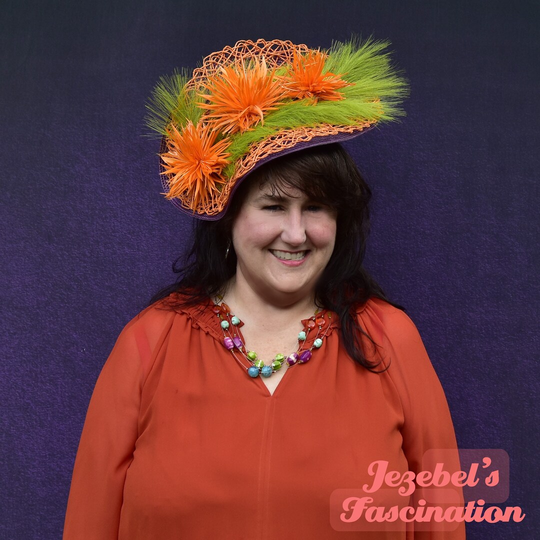 Summer Derby Horse Races Hatinator, Large Spring Purple Feather Floral Headpiece, Chartreuse Autumn Headdress Fall Garden Tea Party Headband